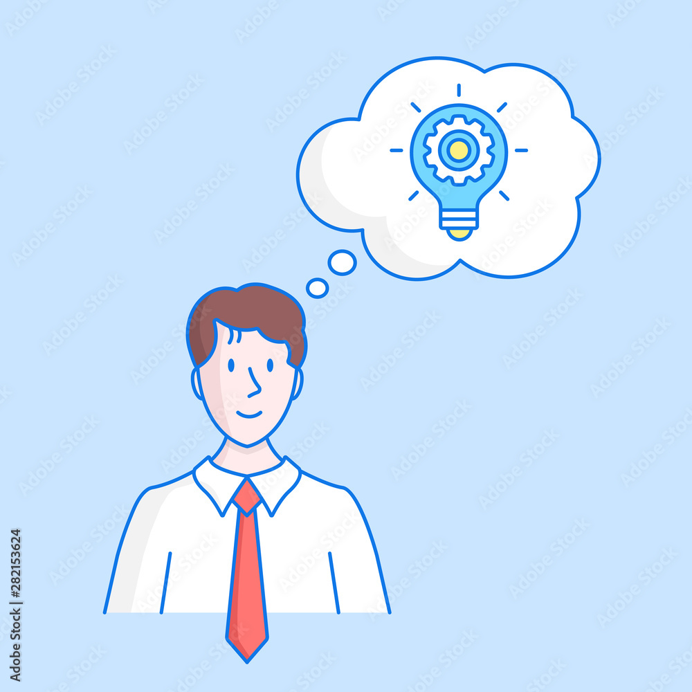 Business idea, creative idea, innovation concepts. Happy man and thought bubble with light bulb and gear. Lightbulb and cogwheel. Hand drawn style, line design. Vector illustration Business idea, creative idea, innovation concepts. Happy man and thought bubble with light bulb and gear. Lightbulb and cogwheel. Hand drawn style, line design. Vector illustration