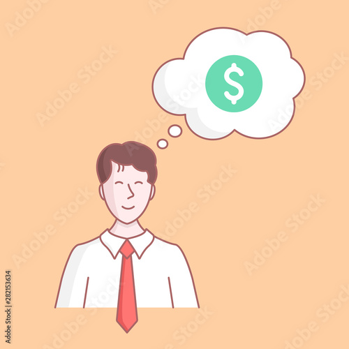 Businessman thinking about money. Happy man dreaming about financial success. Successful business, profit, income growth concepts. Hand drawn style, line design. Vector illustration