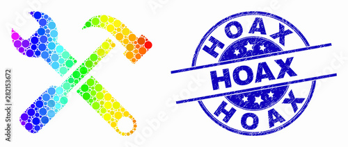 Dotted bright spectral tools mosaic icon and Hoax seal stamp. Blue vector rounded distress stamp with Hoax title. Vector composition in flat style.