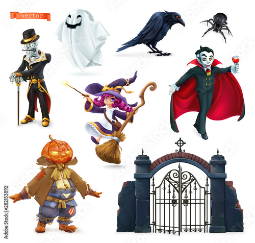 Happy Halloween. Characters and objects 3d vector set. Skeleton, pumpkin scarecrow, witch, ghost, raven, spider, vampire, gate to the cemetery.