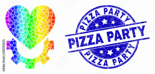 Dot rainbow gradiented love gear mosaic pictogram and Pizza Party seal. Blue vector rounded grunge seal with Pizza Party message. Vector collage in flat style.