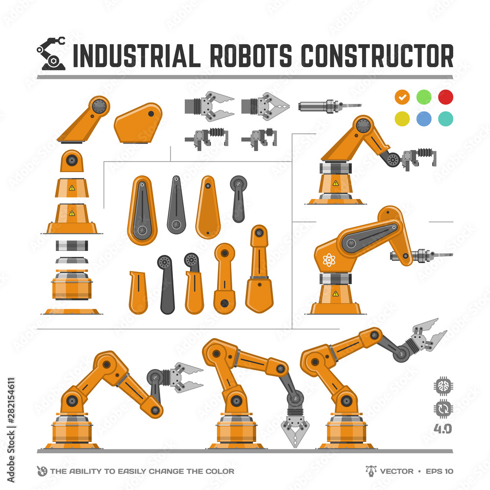 Industrial robots constructor set with flat machine various types arm or  manipulator kit (The ability to easily change the color), industry 4.0  robotics creation generator for animated and designed. Stock-Vektorgrafik |  Adobe