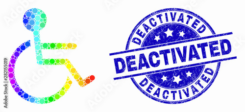 Dot rainbow gradiented wheelchair person mosaic pictogram and Deactivated watermark. Blue vector rounded textured seal stamp with Deactivated message. Vector composition in flat style.