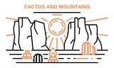 Cactus and mountains banner. Outline illustration of cactus and mountains vector banner for web design