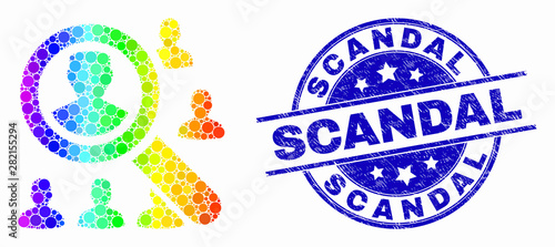 Dotted spectrum search users mosaic pictogram and Scandal seal stamp. Blue vector rounded distress seal stamp with Scandal message. Vector combination in flat style.