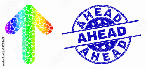 Dotted spectral up arrow mosaic pictogram and Ahead seal stamp. Blue vector rounded grunge seal stamp with Ahead phrase. Vector collage in flat style.