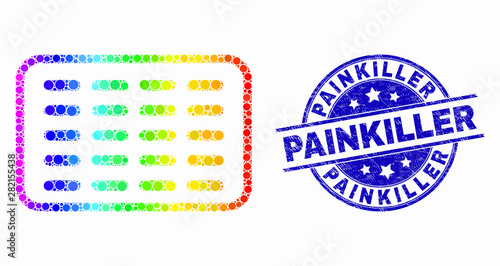 Pixel bright spectral pills blister mosaic pictogram and Painkiller watermark. Blue vector round distress seal stamp with Painkiller title. Vector collage in flat style.