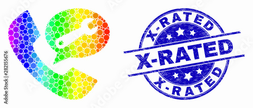 Dot bright spectral phone service message mosaic pictogram and X-Rated stamp. Blue vector rounded grunge seal stamp with X-Rated phrase. Vector composition in flat style.
