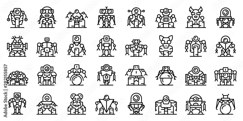 Robot-transformer icons set. Outline set of robot-transformer vector icons for web design isolated on white background
