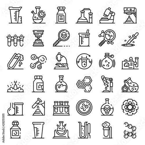 Chemical laboratory experiment icons set. Outline set of chemical laboratory experiment vector icons for web design isolated on white background
