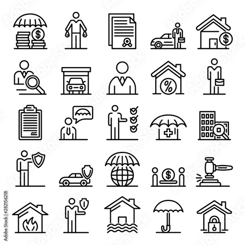 Insurance agent icons set. Outline set of insurance agent vector icons for web design isolated on white background