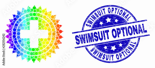 Dot spectral medical cross mosaic icon and Swimsuit Optional seal stamp. Blue vector round distress seal stamp with Swimsuit Optional title. Vector combination in flat style.