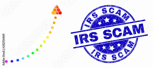 Pixel rainbow gradiented up trend arrow mosaic pictogram and Irs Scam stamp. Blue vector round scratched stamp with Irs Scam phrase. Vector collage in flat style.