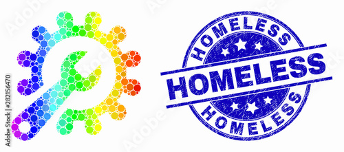 Dot bright spectral repair tools mosaic icon and Homeless seal stamp. Blue vector rounded grunge stamp with Homeless title. Vector collage in flat style.