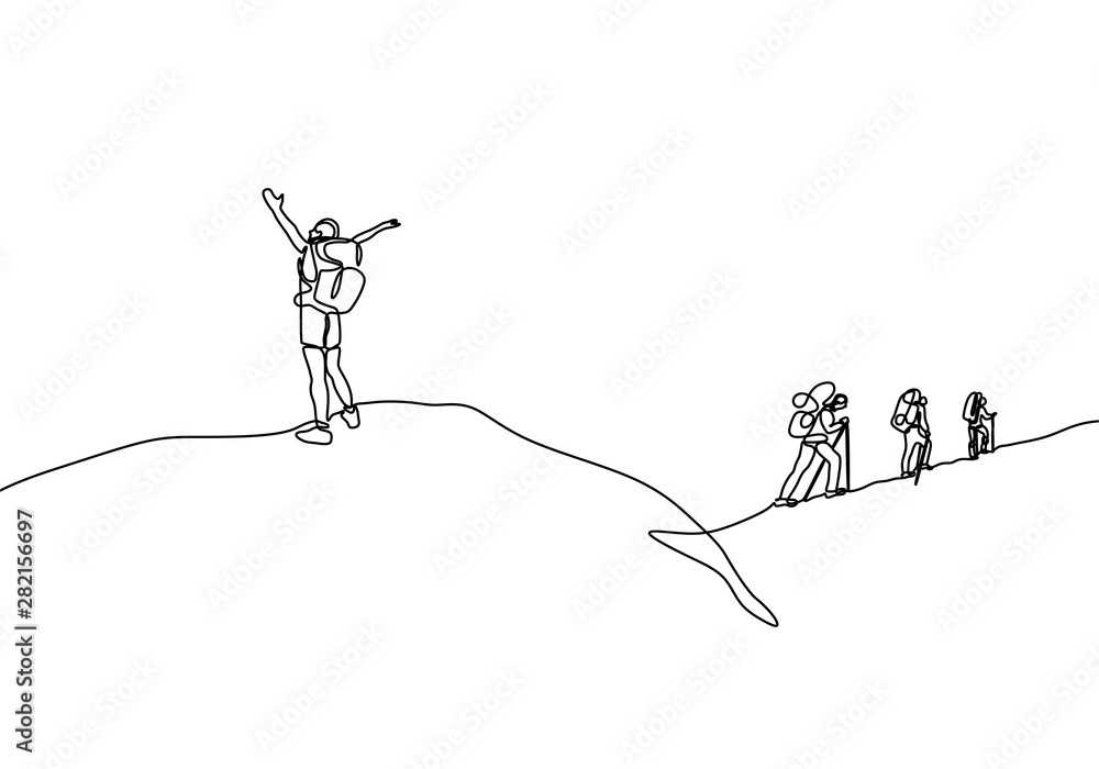 Continuous line drawing of people hiking climb a mountain peak. He celebrate of happiness and freedom - obrazy, fototapety, plakaty 