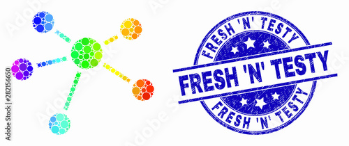 Dot spectrum relation links mosaic pictogram and Fresh 'N' Testy seal stamp. Blue vector round distress seal with Fresh 'N' Testy phrase. Vector composition in flat style.