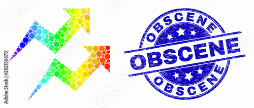 Pixelated spectrum trend arrows mosaic pictogram and Obscene stamp. Blue vector rounded textured seal stamp with Obscene text. Vector combination in flat style.