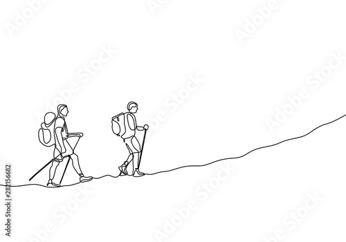 Continuous line drawing of group two people hiking and climbing adventure travelers