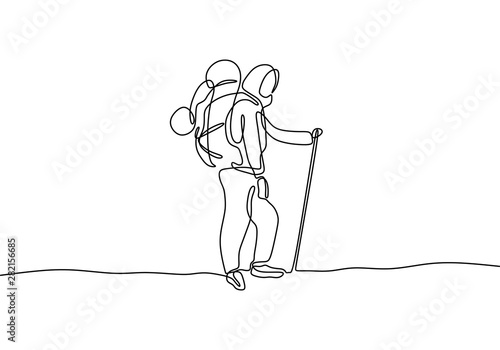 Continuous line drawing of hijab girl with backpack hiking minimalist design