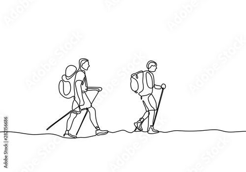 Continuous one line drawing of hand drawn traveling people with backpacks silhouettes. Vector illustration. Element for you design works.