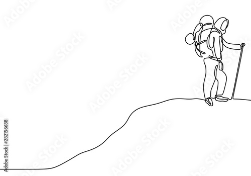Hijab girl hiking and climbing a peak continuous line drawing minimalist design