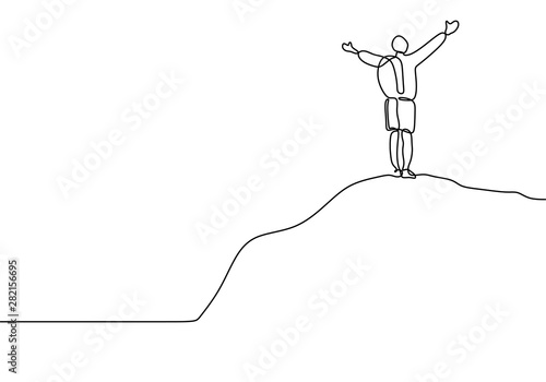 Continuous line drawing of winner man on mountain peak. Climber on mountain top silhouette. Victory symbol. Template for your design works. Vector illustration isolated on white background.