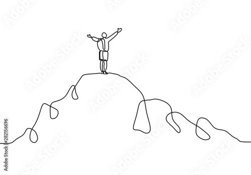 Continuous line drawing of person rising hands after climbing a peak of mountain. Concept of happy success achieving goals theme.
