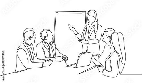 Continuous line drawing of woman writing graph marketing executive on the board with group of business people having discussion in conference room. Creative business team brainstorming over project