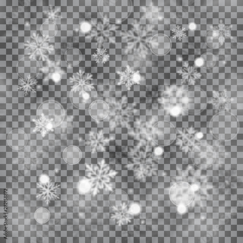 Christmas blurred illustration of complex defocused big and small falling snowflakes in white and gray colors with bokeh effect on transparent background