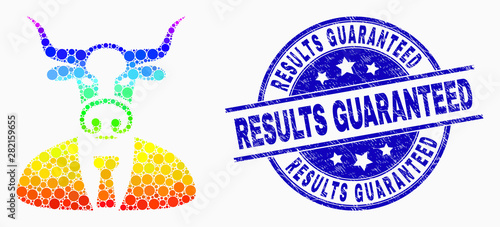 Pixel bright spectral bull boss mosaic pictogram and Results Guaranteed seal stamp. Blue vector round distress seal stamp with Results Guaranteed title. Vector composition in flat style.