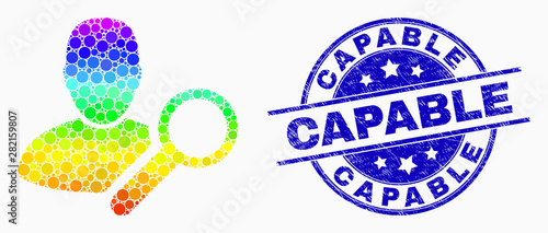 Pixel rainbow gradiented find user mosaic icon and Capable watermark. Blue vector round scratched stamp with Capable title. Vector collage in flat style.