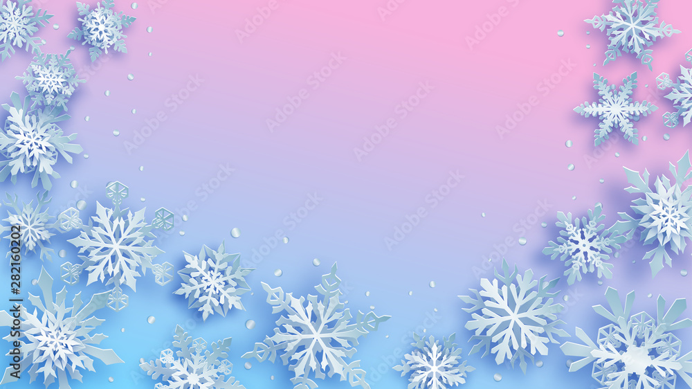 Christmas illustration of white complex paper snowflakes with soft shadows on light blue and pink background