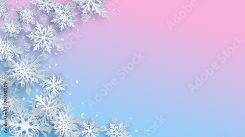 Christmas illustration of white complex paper snowflakes with soft shadows on light blue and pink background