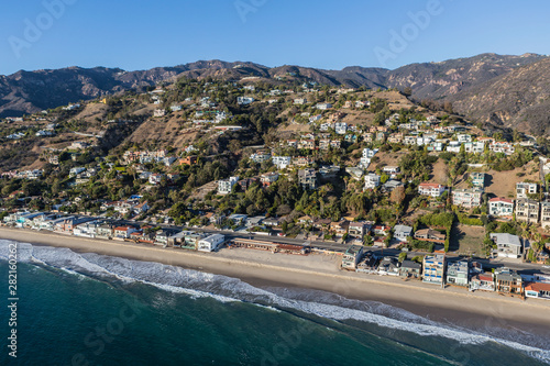Aerial of shoreline homes a...
