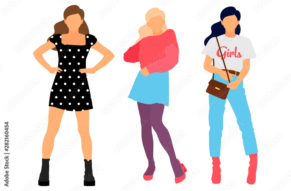 Young model woman set posing on white isolated background. Flat illustration - Vector Young model woman set posing on white isolated background. Flat illustration - Vector