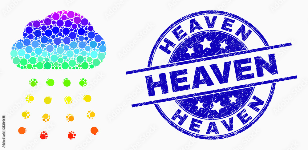 Dot rainbow gradiented rain cloud mosaic icon and Heaven seal stamp. Blue vector round distress watermark with Heaven message. Vector collage in flat style. Dot rainbow gradiented rain cloud mosaic icon and Heaven seal stamp. Blue vector round distress watermark with Heaven message. Vector collage in flat style.
