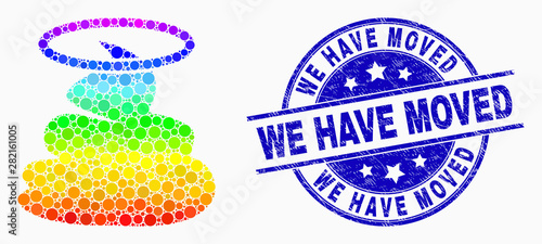 Pixelated spectrum holy shit mosaic pictogram and We Have Moved seal stamp. Blue vector round scratched seal stamp with We Have Moved title. Vector composition in flat style.