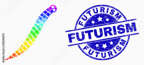 Dot spectral worm mosaic icon and Futurism seal stamp. Blue vector rounded scratched seal stamp with Futurism message. Vector collage in flat style.