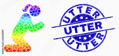 Pixel bright spectral pray woman person mosaic pictogram and Utter seal. Blue vector round textured seal stamp with Utter text. Vector composition in flat style.