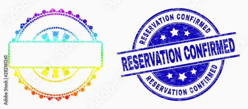 Pixel spectral seal stamp template mosaic icon and Reservation Confirmed seal stamp. Blue vector round grunge seal stamp with Reservation Confirmed caption. Vector collage in flat style.