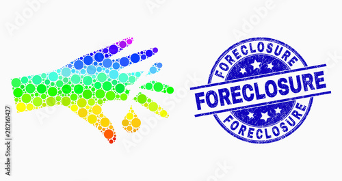 Dotted bright spectral hand wound mosaic pictogram and Foreclosure seal stamp. Blue vector rounded textured seal with Foreclosure caption. Vector composition in flat style.