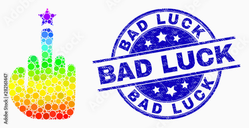 Dotted rainbow gradiented rude finger gesture mosaic icon and Bad Luck watermark. Blue vector round distress stamp with Bad Luck title. Vector composition in flat style.