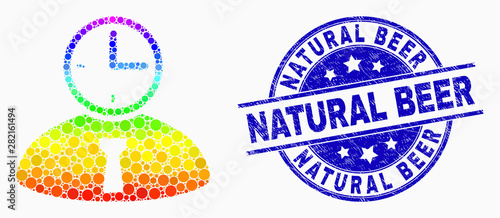 Pixelated bright spectral time manager mosaic pictogram and Natural Beer seal stamp. Blue vector rounded distress stamp with Natural Beer text. Vector combination in flat style.