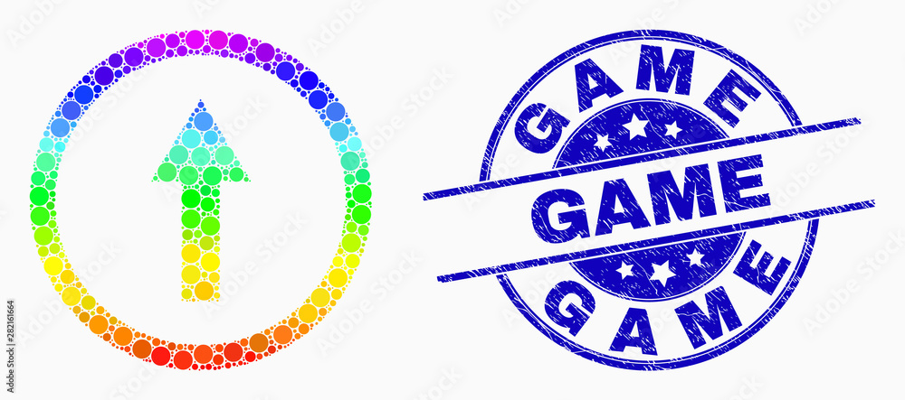 Obraz premium Dotted bright spectral rounded arrow up mosaic icon and Game watermark. Blue vector round distress watermark with Game text. Vector composition in flat style.
