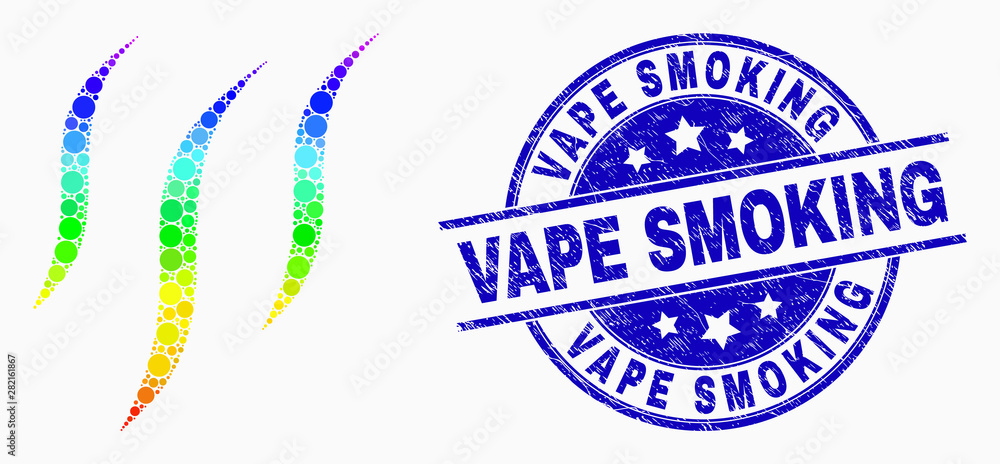 Pixelated spectral smell mosaic pictogram and Vape Smoking seal stamp. Blue vector round grunge seal stamp with Vape Smoking message. Vector collage in flat style.