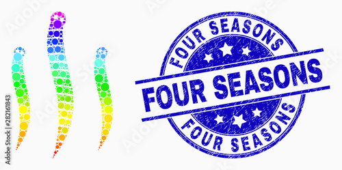 Dotted rainbow gradiented worms mosaic pictogram and Four Seasons seal stamp. Blue vector rounded textured stamp with Four Seasons phrase. Vector combination in flat style.