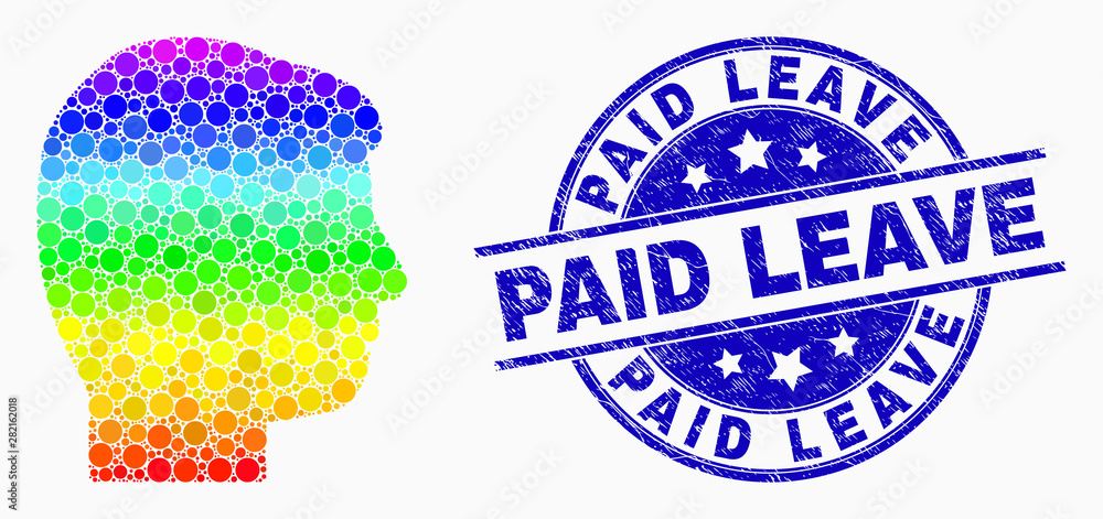 Dot rainbow gradiented user profile mosaic pictogram and Paid Leave seal stamp. Blue vector rounded scratched stamp with Paid Leave phrase. Vector combination in flat style.
