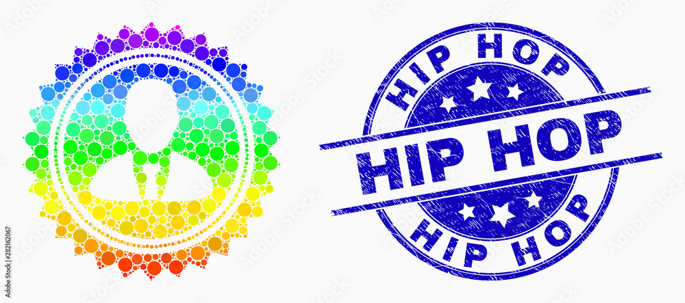 Dotted spectral user stamp seal mosaic icon and Hip Hop watermark. Blue vector rounded grunge seal with Hip Hop phrase. Vector combination in flat style.
