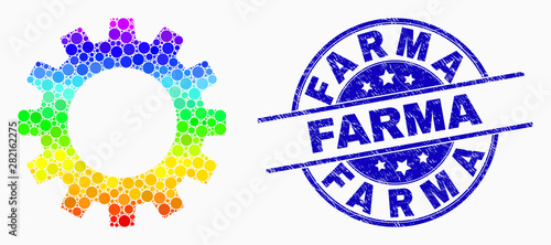 Dotted bright spectral gearwheel mosaic pictogram and Farma seal stamp. Blue vector round distress seal stamp with Farma message. Vector collage in flat style.