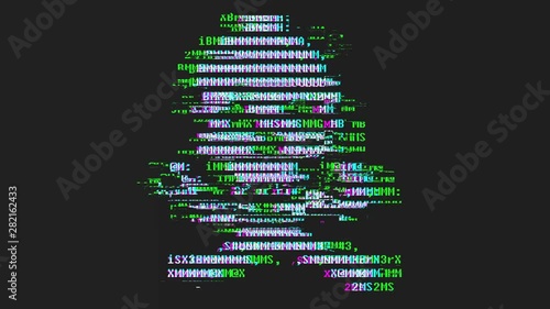 Skull with bones made from letters with broken technology glitch overlay - software piracy, computer virus or internet hacking concept